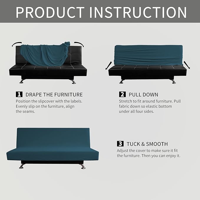Easy-Going Stretch Futon Slipcover Armless Futon Bed Cover Furniture Protector Without Armrests with Elastic Bottom for Kids, Soft Jacquard Fabric Small Checks (Medium, Deep Teal)