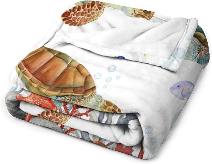 Sea Turtle Throw Blanket, Teal Blue Ocean Underwater Animal Starfish Fish Nautical Coastal Theme Fleece Flannel Blanket for Couch Sofa Bedroom Adults Kids, 60"x80"
