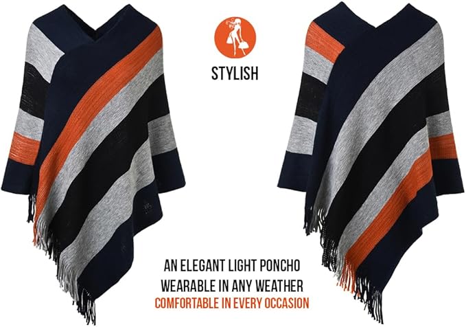 Ferand Women's Striped Poncho Sweater Cozy Knit Fringe Shawl Wraps for Fall Winter