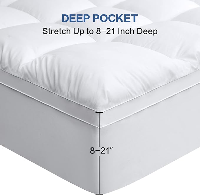 COHOME Twin XL Mattress Topper Extra Thick Cooling Mattress Pad 400TC Cotton Top Plush Down Alternative Fill Pillow Top Mattress Cover with 8-21 Inch Deep Pocket (39x80 Inches, White-Classic)
