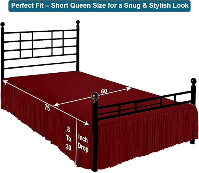 Shreem Linen Ruffled Bed Skirt with Split Corners, Gathered Style, 100% Microfiber, 28-Inch Drop, Dust Ruffle Bedskirt with Platform, Short Queen, Burgundy