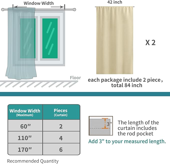 BGment Rod Pocket Room Darkening Curtains 48 Inches Length - Thermal Insulated Beige Blackout Window Drapes for Bedroom, 42 x 48 Inch, 2 Panels