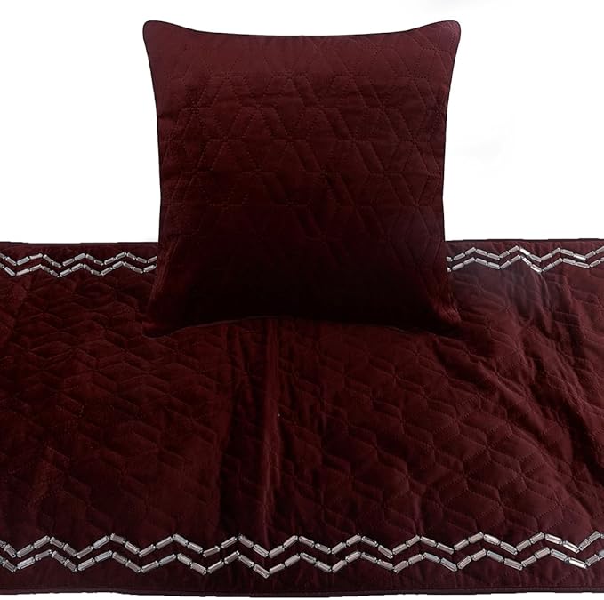 The HomeCentric King Queen Twin Deep Wine Handmade Full 68"x18" Bed Runner with 2 Pillow Cover, Quilted & Crystals Bed Scarf on Velvet Fabric - Diamond Symphony