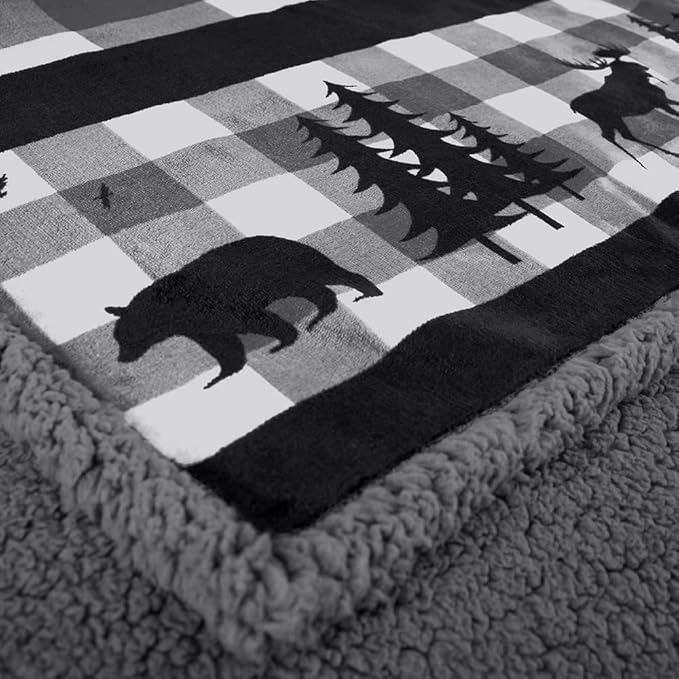 PAVILIA Winter Cabin Sherpa Throw Blanket, Soft Fleece Cozy Grey Christmas Reversible Blanket 50"x60", Warm Plush Rustic Plaid Throw for Couch, Bed, for Family, Friends