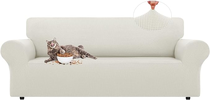 LURKA Stretch Sofa Slipcovers 1 Piece Couch Covers for 3 Cushion Couch Sofa Furniture Protector Full Sofa Covers with Elastic Bottom for Kids and Dog (Large, Ivory)