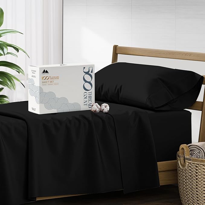 Mayfair Linen 500 Thread Count Twin XL Cotton Sheets - 3 PC Twin XL Size Bed Sheet Set Cotton (Black), Soft, Cooling, Sateen Hotel-Quality 16" Deep Pocket Bedsheet for Hot Sleepers (Fits 18" Mattress)