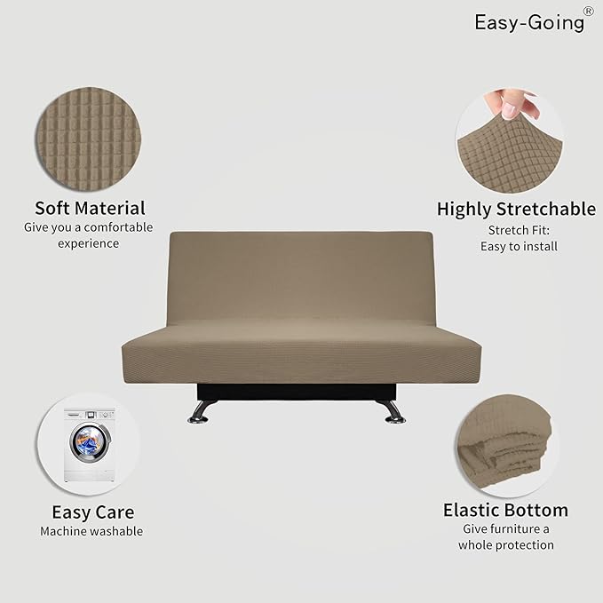 Easy-Going Stretch Futon Slipcover Armless Futon Bed Cover Furniture Protector Without Armrests with Elastic Bottom for Kids, Soft Jacquard Fabric Small Checks (Medium, Natural)
