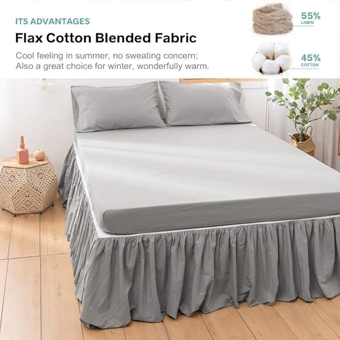BISELINA French Linen Bed Skirt with Pleated Frills 14-Inch Tailored Drop Natural Flax Cotton Blend Dust Ruffle Soft Cozy Farmhouse Bedding (14" King, Grey)