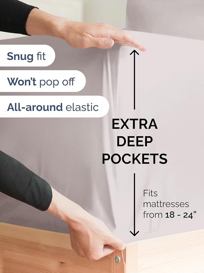 Extra Deep Twin Fitted Sheet - Hotel Luxury Single Fitted Sheet Only - Easily Fits 18 inch to 24 inch Mattress - Ultra Soft, Wrinkle & Fade Free w/Extra Deep Pockets - Breathable & Comfy - Light Grey