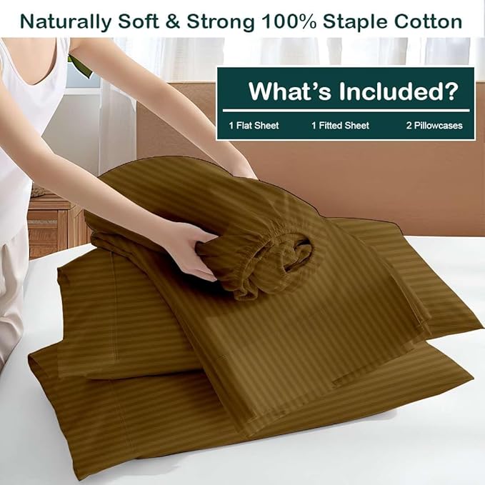 NON Sticky cotton Queen Size Sleeper Sofa Sheets, 4 Piece Egyptian Cotton Bed Sheet Set for Sofa Bed, 7" Deep Pocket for Pull Out Couch Mattress, 60" x 75", Taupe Stripe, Soft & Breathable