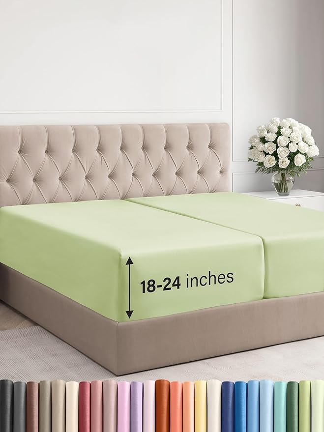 Extra Deep Split King Fitted Sheet - Hotel Luxury Single Fitted Sheet Only - Easily Fits 18 to 24 inch Mattress - Ultra Soft, Wrinkle Free w/Extra Deep Pockets - Breathable & Comfy - Light Sage Green