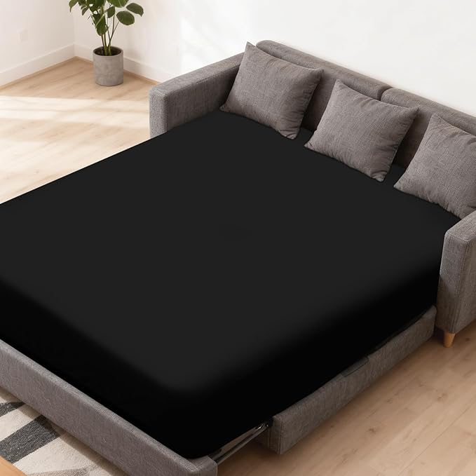 Sleeper Sofa Queen Sheet Fitted Only, Queen Sleeper Sofa Bed Sheets 60" x 74" with Deep Pocket to 8", Cooling Jersey Mattress Bottom Sheets,Shrinkage & Stain Resistant, Wrinkle Free, Black