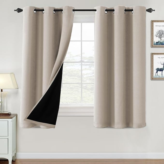 H.VERSAILTEX 100% Blackout Curtains for Bedroom Thermal Insulated Blackout Curtains Heat and Full Light Blocking Curtains for Living Room with Black Liner 2 Panels Set, 42 x 63 Inch, Natural
