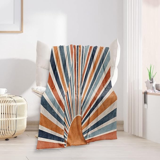 Boho Colorful Sunrise Throws Blankets Abstract Mid Century Modern Throw Blanket Minimalist Sun Boho Leaves Aesthetic Soft Warm Bed Bedding Women Blankets for Bedroom Sofa Office 40"x50"