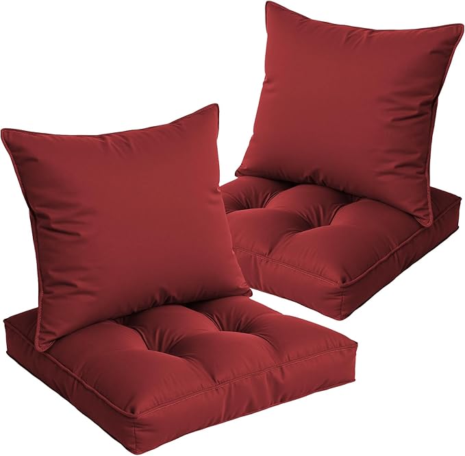Waterproof Outdoor Chair Cushions Set of 2, Patio Cushions for Outdoor Furniture Water-Resistant & Fade-Resistant, Deep Seat & Back Cushion for Chair Sofa, 22x22 Inch (Red)