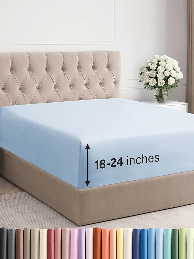 Extra Deep King Fitted Sheet - Hotel Luxury Single Fitted Sheet Only - Easily Fits 18 inch to 24 inch Mattress - Ultra Soft, Wrinkle & Fade Free w/Extra Deep Pockets - Breathable & Comfy - Sky Blue