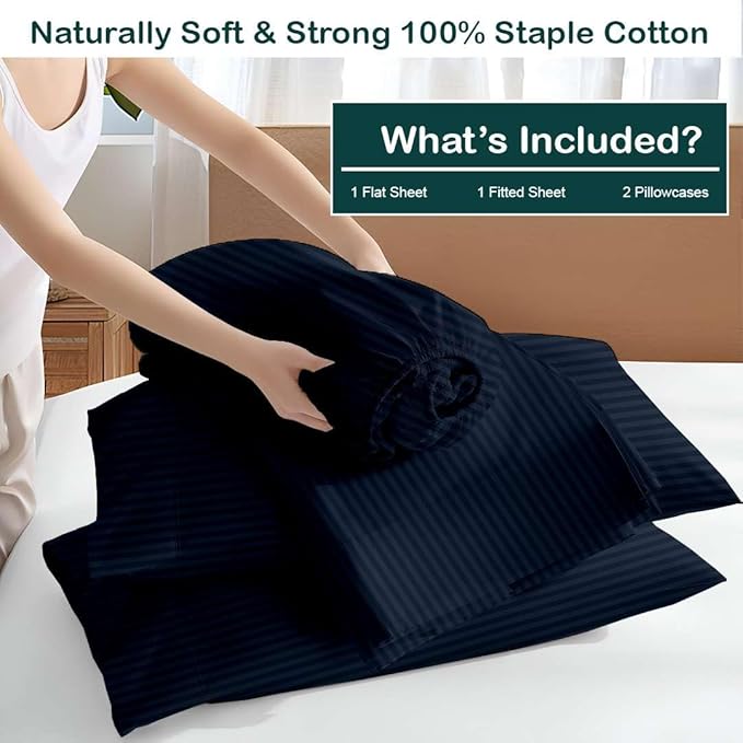 NON Sticky cotton Full Size Sleeper Sofa Sheets, 4 Piece Egyptian Cotton Bed Sheet Set for Sofa Bed, 10" Deep Pocket for Pull Out Couch Mattress, 54" x 75", Navy Blue Stripe, Soft & Breathable