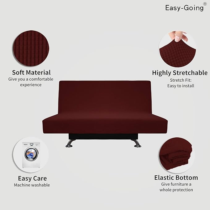 Easy-Going Stretch Futon Slipcover Armless Futon Bed Cover Furniture Protector Without Armrests with Elastic Bottom for Kids, Soft Jacquard Fabric Small Checks (Medium, Wine)