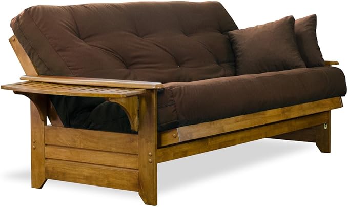 Nirvana Futons Brentwood Tray Arm Futon Sofabed Set - Full Frame, 8" Microfiber Fudge Mattress, Heritage Finish