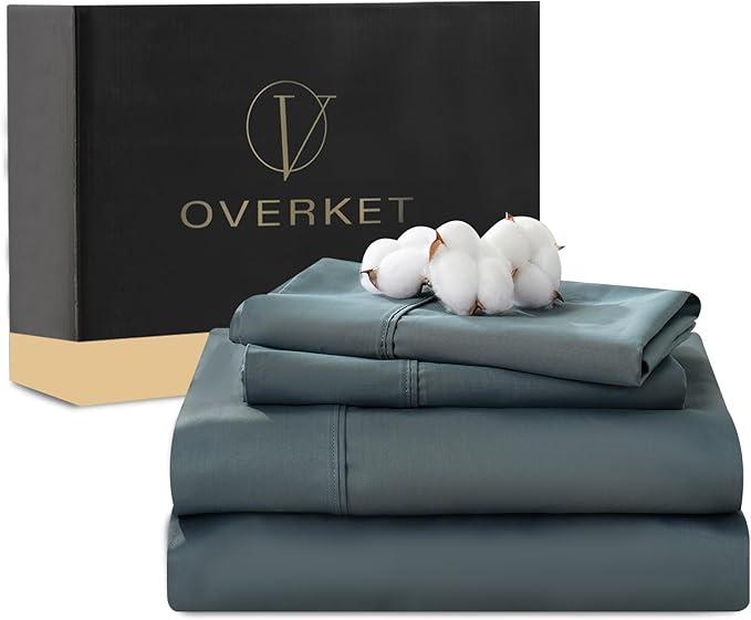 Egyptian Cotton Sheets Full Size 4PCS 1000 Thread Count Sateen Weave Soft Breathable 16-Inch Deep Pocket （Full,Lake Blue）