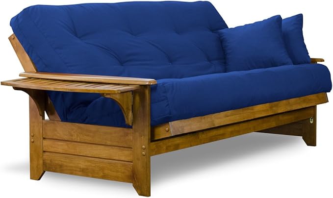 Nirvana Futons Brentwood Tray Arm Futon Sofabed Set - Queen Frame, 8" Royal Blue Mattress, Rich Heritage Finish