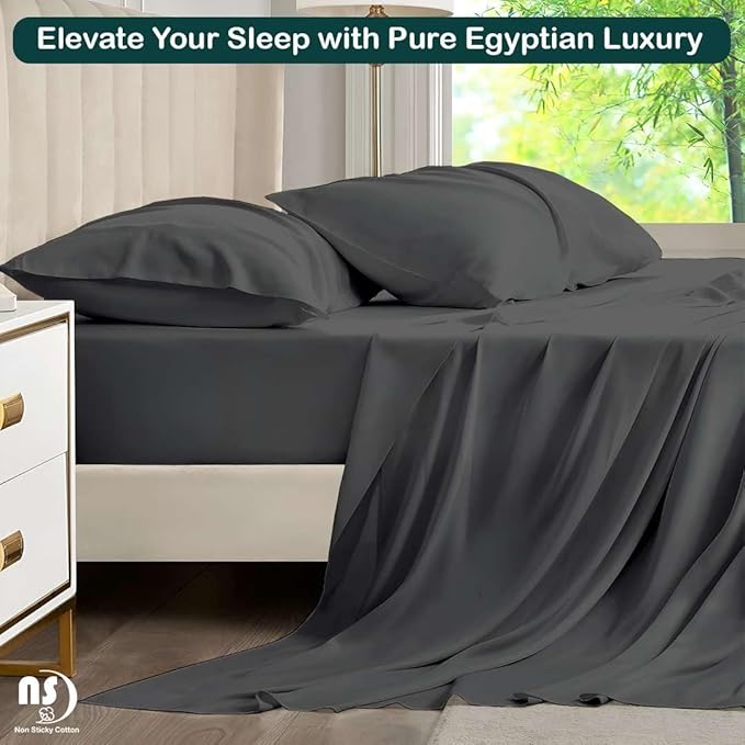 NON Sticky cotton Full Size Sleeper Sofa Sheets, 4 Piece Egyptian Cotton Bed Sheet Set for Sofa Bed, 8" Deep Pocket for Pull Out Couch Mattress, 54" x 75", Dark Grey Solid, Soft & Breathable