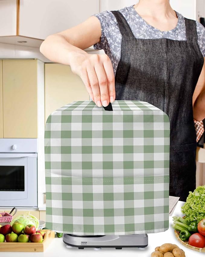 Green Plaid Stand Mixer Dust Cover with Storage Pocket & Handles, Fits All Tilt Head & Bowl Lift Modern Minimalism Kitchen Appliance Cover Organizer Buffalo Checked Art Bag Accessories, 6-8 Quart
