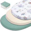 3 Pack Stretchy Bassinet Sheets - Universal Fit for Rectangle, Round, Oval, Hourglass Cradles & Moses Baskets - Soft Breathable Fitted Bassinet Sheets Set for Baby Boy Girl - Mint Green & Elephant