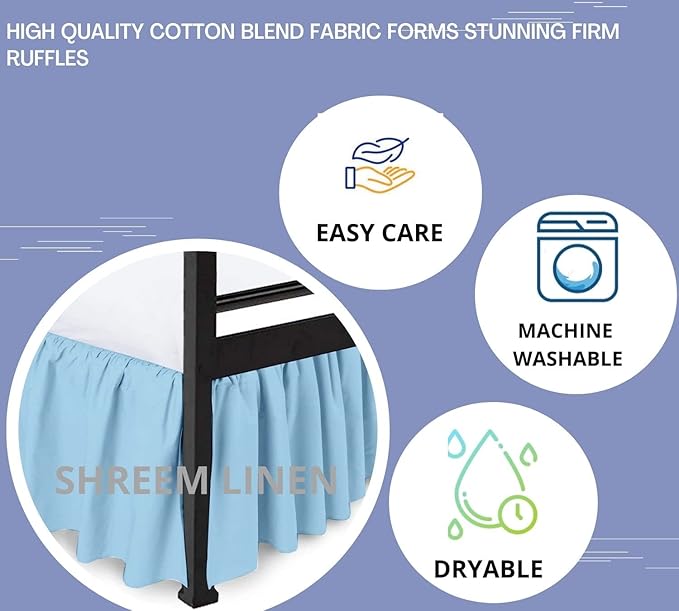 Shreem Linen Ruffled Bed Skirt with Split Corners, Gathered Style, 100% Microfiber, 24-Inch Drop, Dust Ruffle Bedskirt with Platform, Olympic Queen, Light Blue
