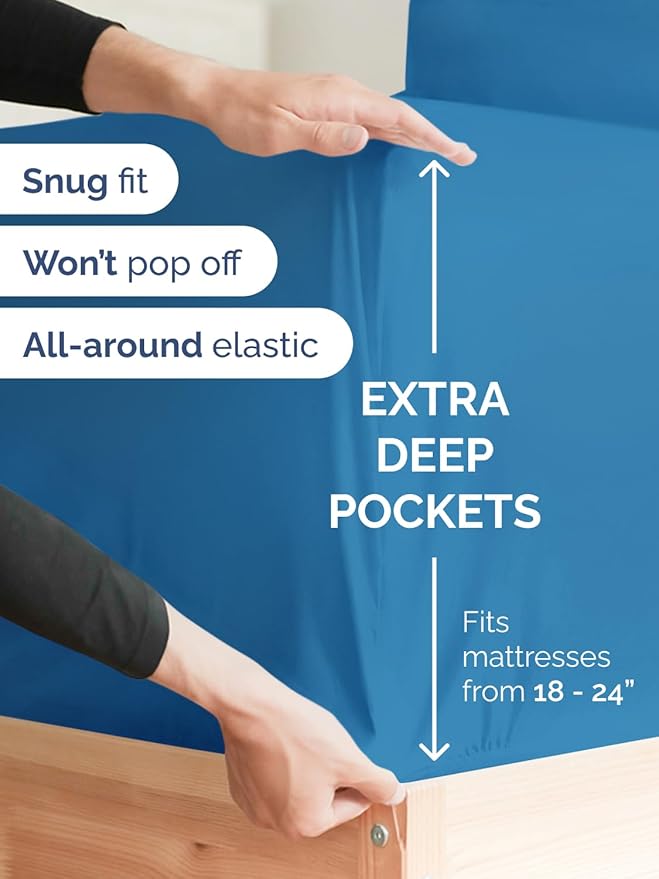 Extra Deep Full Fitted Sheet - Hotel Luxury Single Fitted Sheet Only - Easily Fits 18 inch to 24 inch Mattress - Ultra Soft, Wrinkle & Fade Free w/Extra Deep Pockets - Breathable & Comfy - Denim Blue