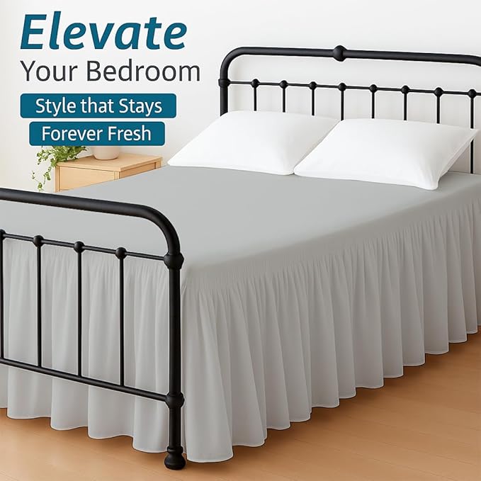 Shreem Linen Ruffled Bed Skirt with Split Corners, Gathered Style, 100% Microfiber, 15-Inch Drop, Dust Ruffle Bedskirt with Platform, King, Light Grey
