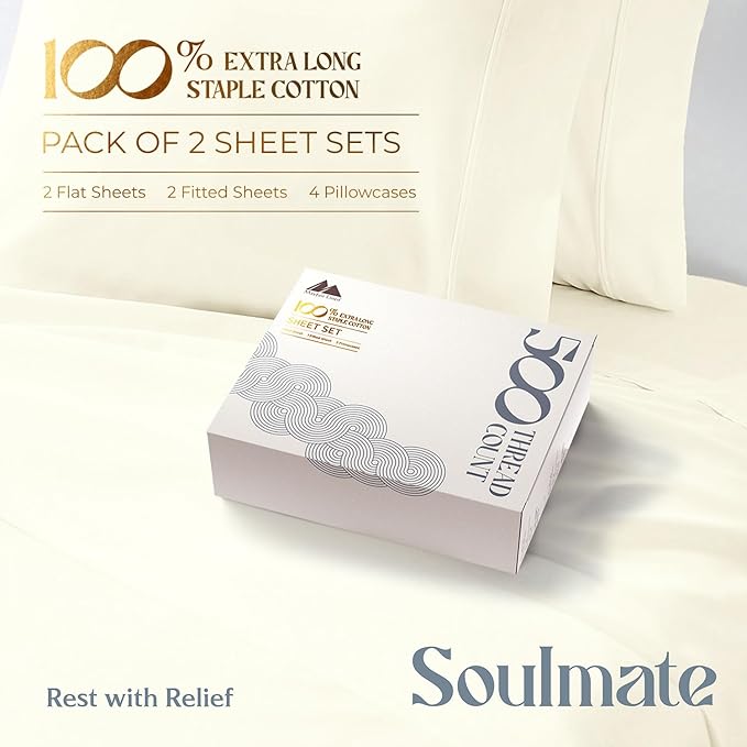 Mayfair Linen 100% Egyptian Cotton 2 Pack King Sheet Set - Luxury 500 Thread Count Cotton Sheets King Size (8 PC, Ivory), Soft, Cooling, Sateen Weave, 16" Deep Pocket Hotel Quality Bed Sheet Set