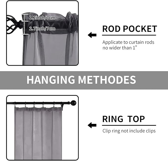 Sheer Curtains 84 Inches Long 2 Panels, Rod Pocket Short Curtain for Kitchen, Bedroom, Cafe Window(Grey 38" W x 84" L)