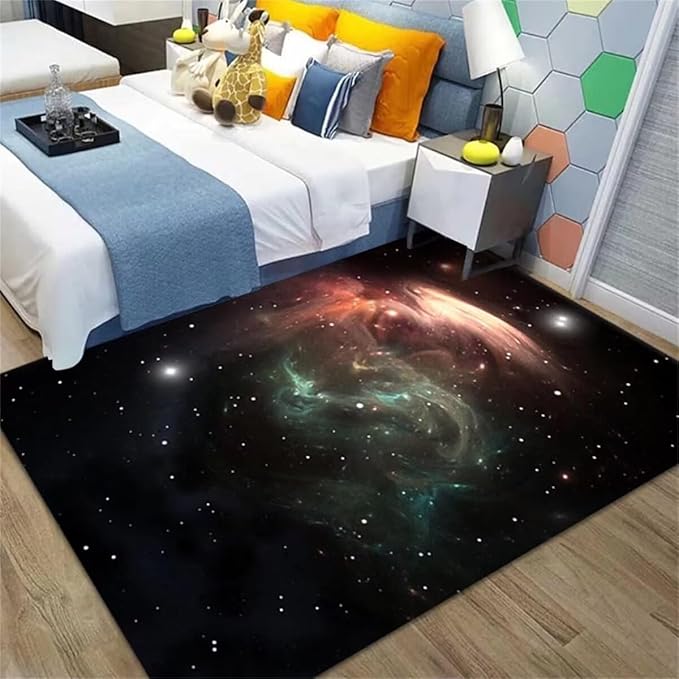 Universe Galaxy Nebula Area Rug for Boys Room 3x5 ft Soft Non-Slip Black Outer Space Solar System Rug for Kids Bedroom Floor Mat