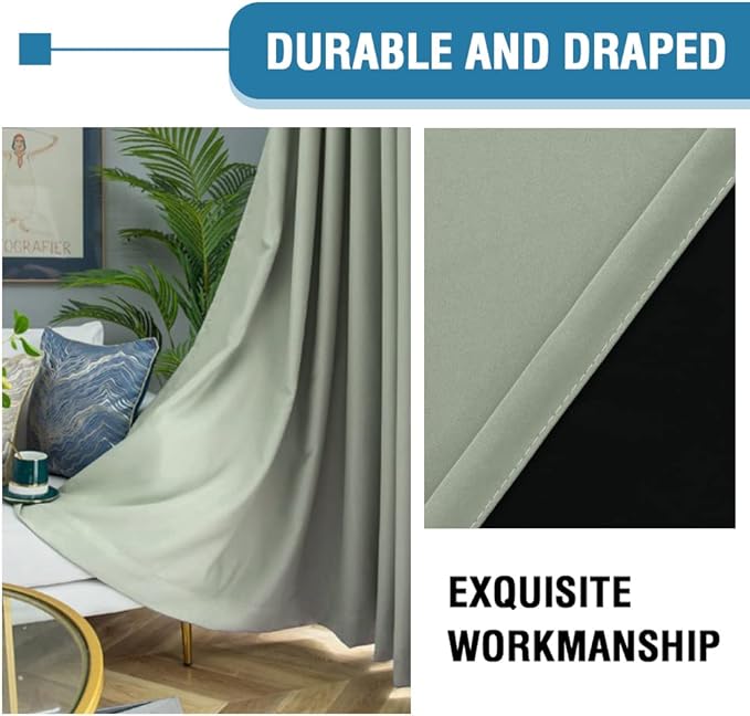 H.VERSAILTEX 100% Blackout Curtains for Bedroom Thermal Insulated Blackout Curtains 84 inch Length Heat and Full Light Blocking Curtains for Living Room with Black Liner 2 Panels Set, Light Sage