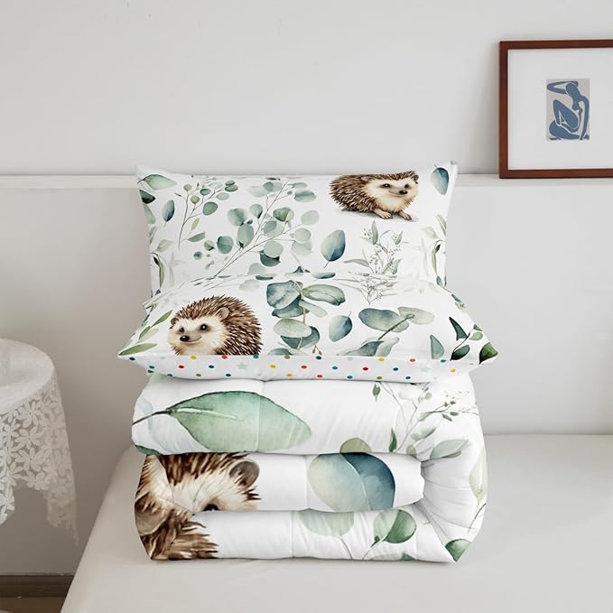 Erosebridal Cute Hedgehog Toddler Comforter Set for Kids Child Green Eucalyptus Bedding Set, Woodland Animal Bedding Comforter Sets Plant Leaves Duvet Set, Cartoon Wildlife Quilted Comforter