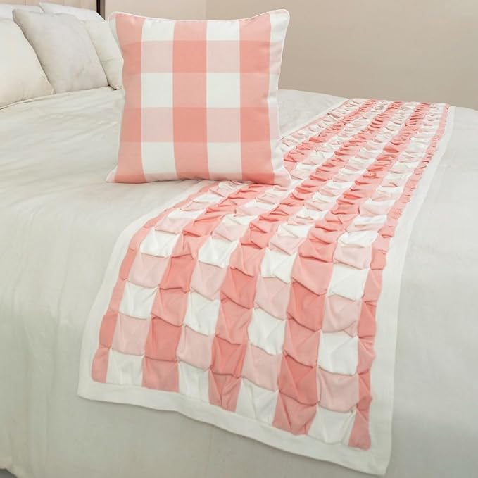 The HomeCentric King/Queen/Twin Peach Pink Decorative Twin 53"x18" Bed Runner with 2 Pillow Cover, Textured & Buffalo Checks Bed Scarf on Cotton Fabric - Buffalo Plaid Peach
