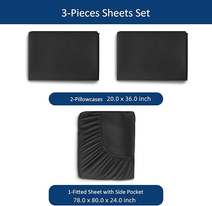 Moonsea King Size Sheets Set for Air Mattress - Deep Pocket King Sheet Set - 3Pcs Side Storage Pocket Fitted Sheet & Pillowcases Easily Fits 16in to 24in Pillow Top Bed Mattress, Black