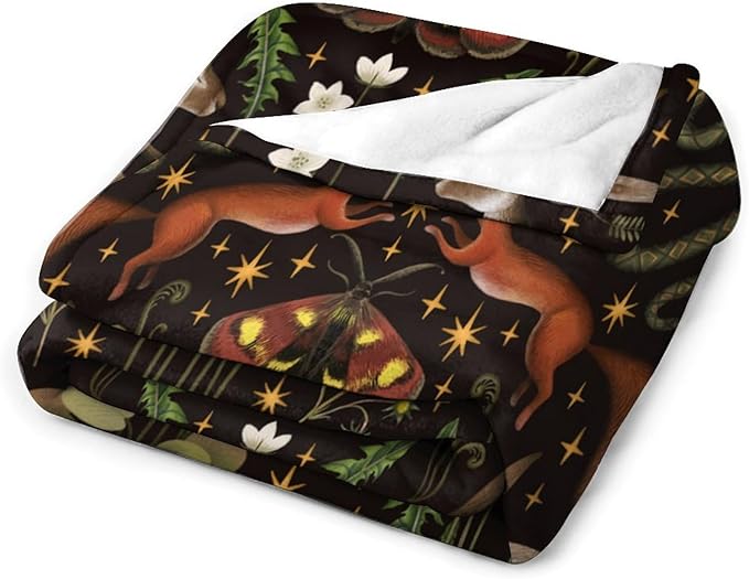 Rustic Forest Throw Blanket, Fairy Tale Forest Land Wild Animals Moths Flowers Moon Star Soft Flannal Blanket for Adult Kids Bed Couch Sofa, 40"x50"