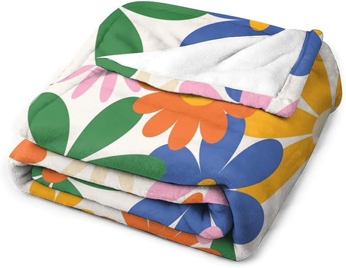70s Retro Flower Throw Blanket, 60s Vintage Groovy Daisy Flowers Boho Hippie Bright Colorful Floral Print Blanket for Couch Chair Sofa Bed Dorm Bedroom Home 60"x80"