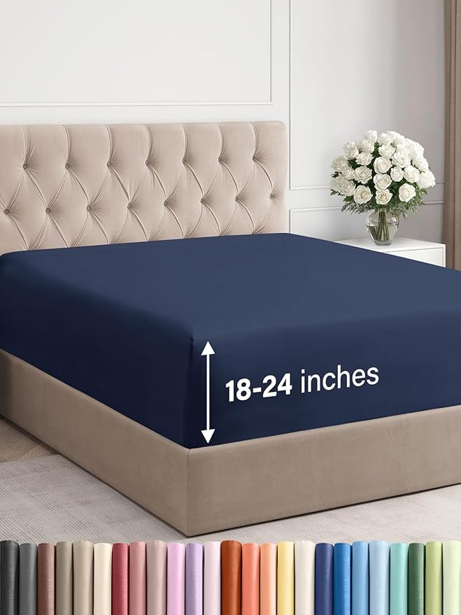 Extra Deep Cal King Fitted Sheet - Hotel Luxury Single Fitted Sheet Only - Easily Fits 18 inch to 24 inch Mattress - Ultra Soft, Wrinkle Free with Extra Deep Pockets - Breathable & Comfy - Navy Blue