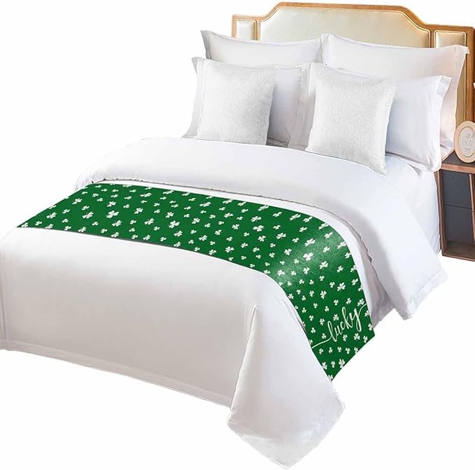 St Patrick's Day Lucky Leaves Bed Runners for Bedroom Hotel,Decorative Bedding Scarf White Shamrock on Green Bed End Blanket Bedding Runner Scarves for Queen Size Bed,94x20in
