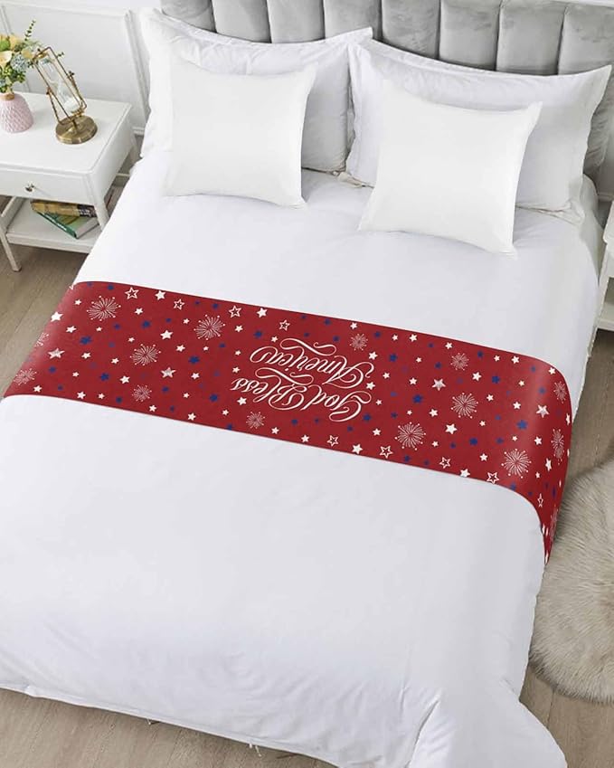 Independence Day Blue White Star Bed Runners for Bedroom Hotel,Decorative Bedding Scarf Freedom Celebration on Red Bed End Blanket Bedding Runner Scarves for Full Size Bed,83x20in