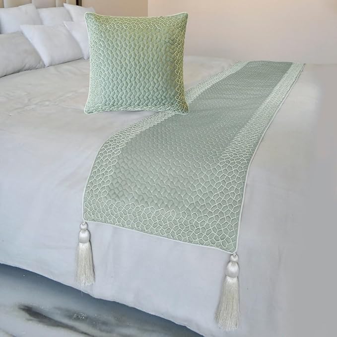 The HomeCentric King/Queen/Twin Blue Designer Full 68"x18" Bed Runner Without Pillow Cover, Mosaic, Bead Embroidery, Handmade, Tassels Bed Scarf on Jacquard Fabric - Tessellation Blue