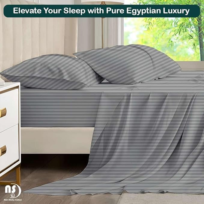 NON Sticky cotton Full Size Sleeper Sofa Sheets, 4 Piece Egyptian Cotton Bed Sheet Set for Sofa Bed, 6" Deep Pocket Fitted Sheet for Pull Out Couch Mattress, 54" x 75", Light Grey Stripe