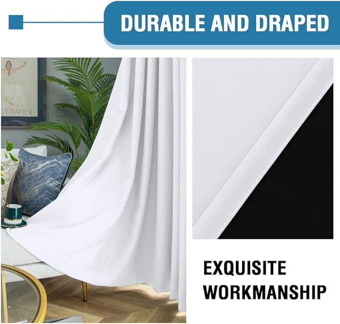 H.VERSAILTEX 100% Blackout Curtains for Bedroom Thermal Insulated Blackout Curtains 45 inch Length Full Light Blocking Curtains for Living Room with Black Liner 2 Panels, Pure White