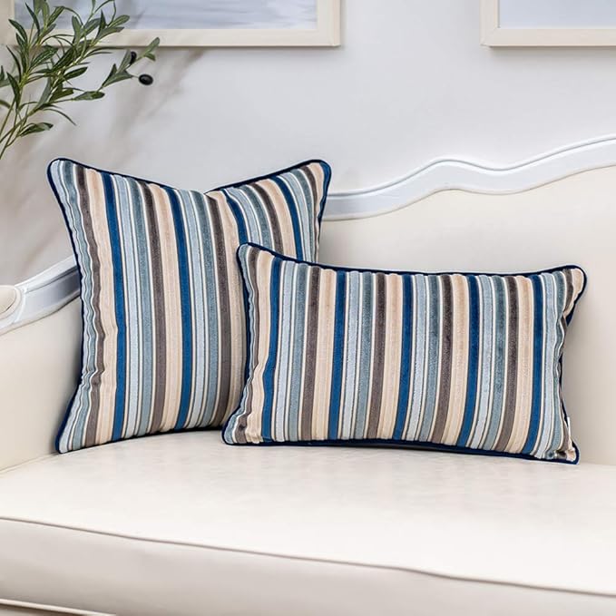Yangest Blue Striped Throw Pillow Cover Multicolor Velvet Cushion Cover Modern Bohemian Pillowcase for Sofa Couch Bedroom Living Room Home Christmas Decoration,18x18 Inch