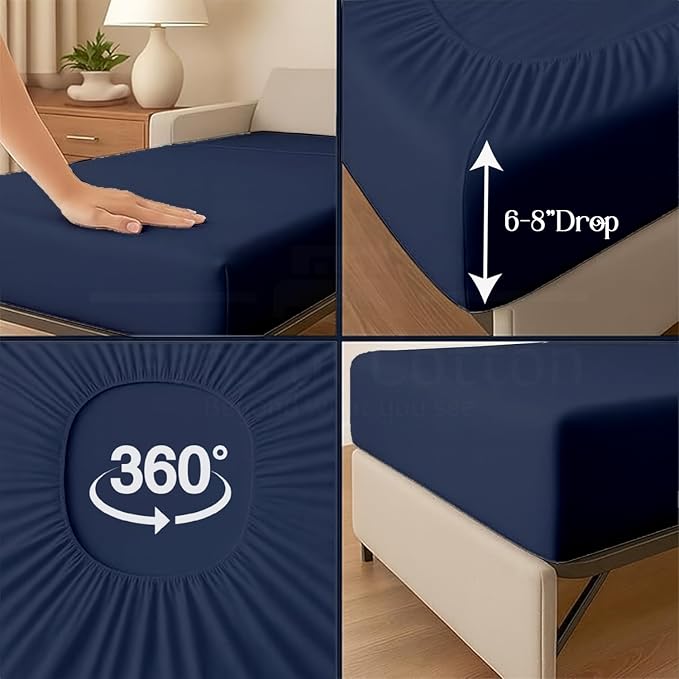 Sleeper Sofa 4 Piece Bed Sheet Set Premium Quality 100% Cotton 500 Thread Count, Smooth & Super Soft Sateen Weave, Extra Soft Bed Sheets, Wrinkle Free, 8 Inch Deep Pocket (Twin, Navy)