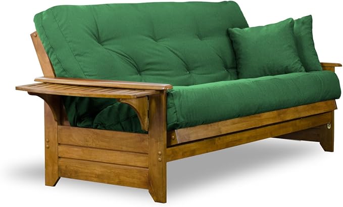 Nirvana Futons Brentwood Tray Arm Futon Sofabed Set - Queen Frame, 8" Hunter Green Mattress, Rich Heritage Finish