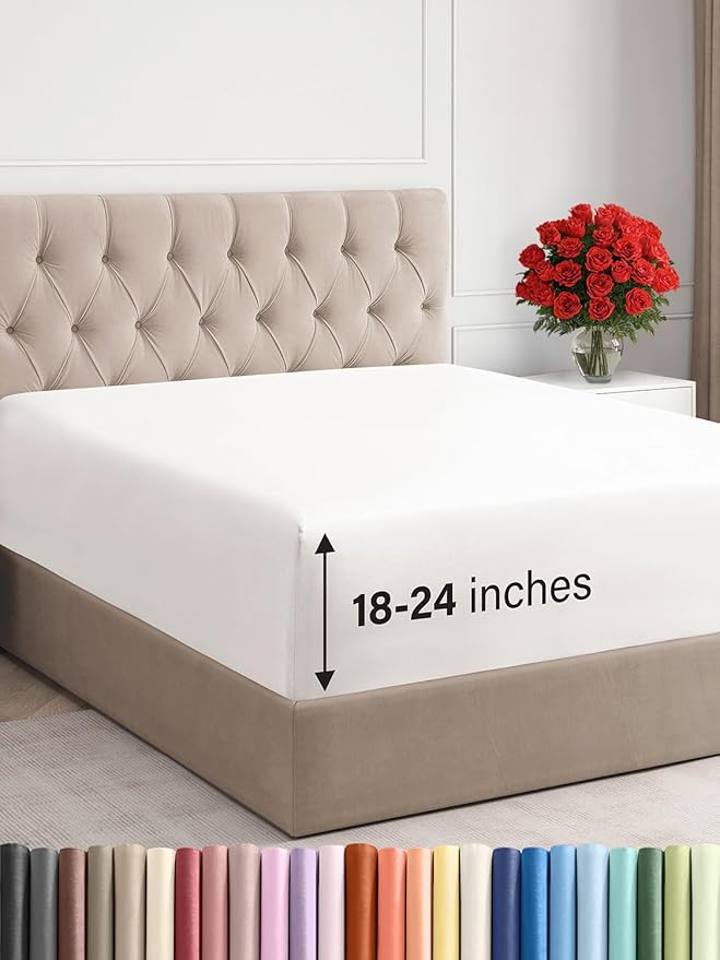 Extra Deep Full Fitted Sheet - Hotel Luxury Single Fitted Sheet Only - Easily Fits 18 inch to 24 inch Mattress - Ultra Soft, Wrinkle Free with Extra Deep Pockets - Breathable & Comfy - Antique White